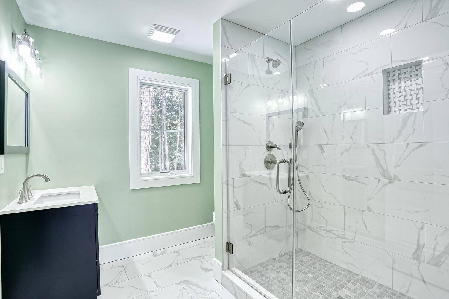 Montvale bathroom — Hall Bathroom Modern Tile Design — Dadak LLC