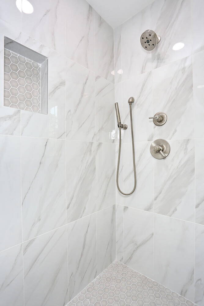 Park Ridge bathroom — Upstairs Bathroom Shower Tile Detail — Dadak LLC