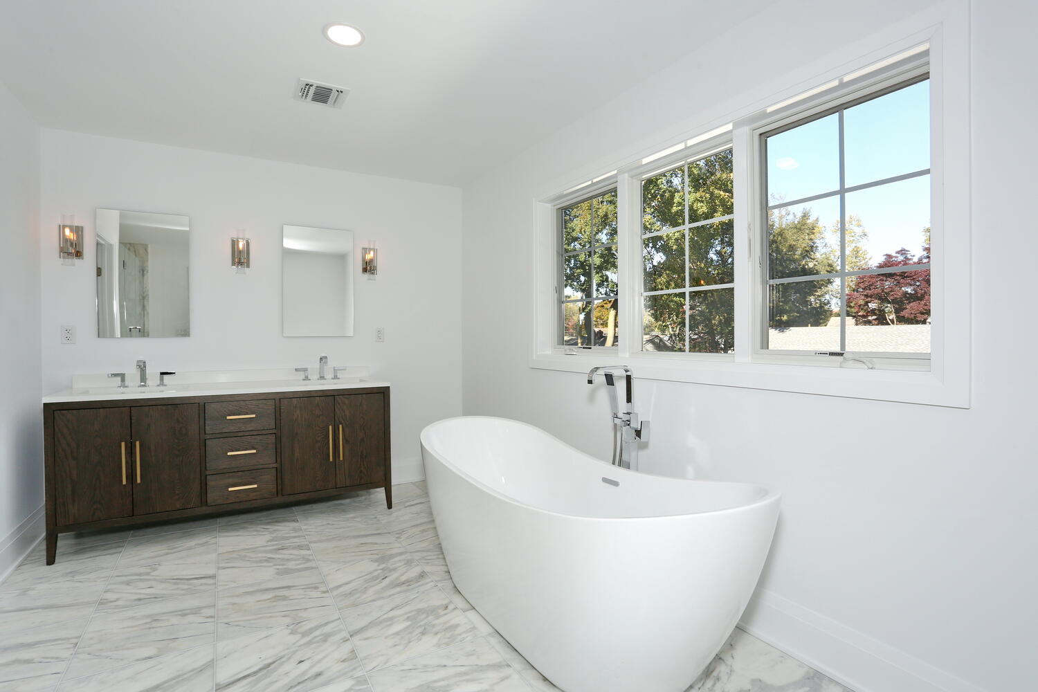 River Vale primary suite — Primary Bathroom Marble Shower — Dadak LLC