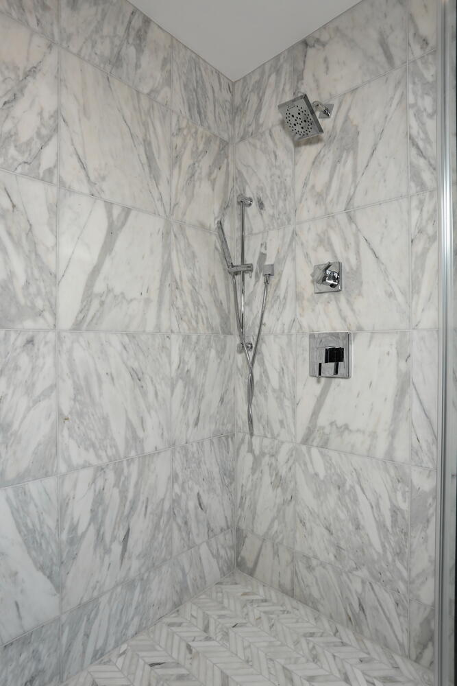 River Vale primary suite — Primary Bathroom Shower Gold Fixtures — Dadak LLC